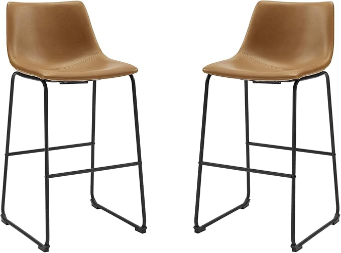 Walker Edison Douglas Urban Industrial Faux Leather Armless Lounge Kitchen Bar Chairs, Set of 2, Whiskey Brown