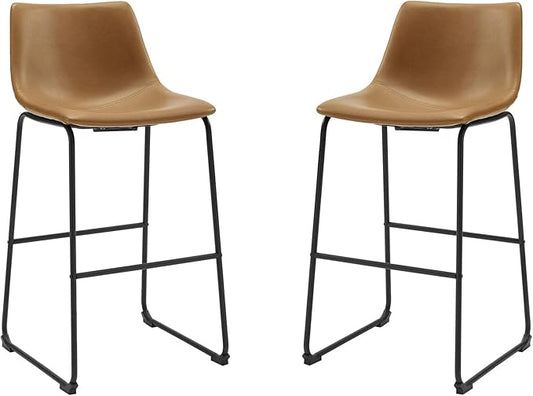 Walker Edison Douglas Urban Industrial Faux Leather Armless Lounge Kitchen Bar Chairs, Set of 2, Whiskey Brown