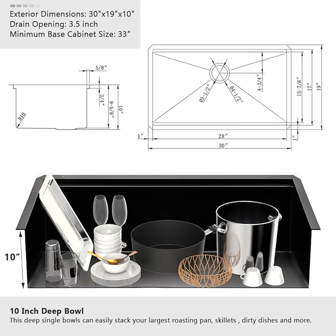 30 Black Kitchen Sink Undermount Workstation-VASOYO 30x19 Undermount Kitchen Sink Black Stainless Sinks Workstation 16 Gauge Stainless Steel Single Bowl Deep Sinks Bowl with Cutting Board