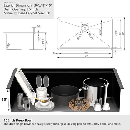 30 Black Kitchen Sink Undermount Workstation-VASOYO 30x19 Undermount Kitchen Sink Black Stainless Sinks Workstation 16 Gauge Stainless Steel Single Bowl Deep Sinks Bowl with Cutting Board
