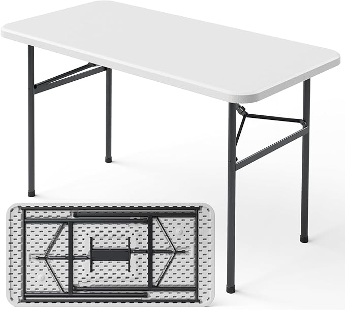 4ft Folding Table, Heavy Duty Plastic Card Table with Foldable Steel Legs, Metal Frame Support up to 400 lb, Portable for Indoor, Outdoor, Picnic, Camping, Dining, Party, White