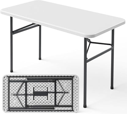 4ft Folding Table, Heavy Duty Plastic Card Table with Foldable Steel Legs, Metal Frame Support up to 400 lb, Portable for Indoor, Outdoor, Picnic, Camping, Dining, Party, White