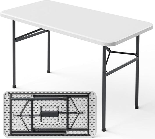 4ft Folding Table, Heavy Duty Plastic Card Table with Foldable Steel Legs, Metal Frame Support up to 400 lb, Portable for Indoor, Outdoor, Picnic, Camping, Dining, Party, White