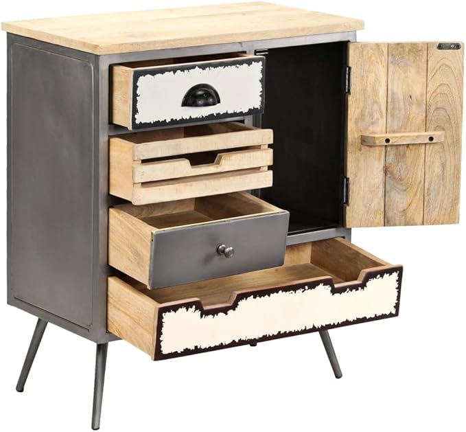 Mid-Century Modern Sideboard, Natural Mango Wood, Steel Accents, 25.6" Long, Brown Lacquered Finish, Buffet Cabinet with 4 Drawers, Living Room Furniture Storage Kitchen Furniture