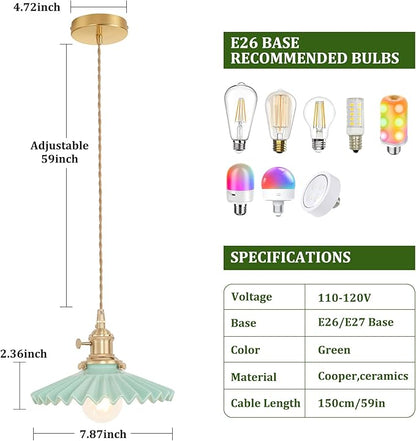 Shenmoyl Pendant Light with Green Pleated Ceramic Lmapshade, Brass Vintage Pendant Light Adjustable Hanging Light for Kitchen Island Dining Room Hallway