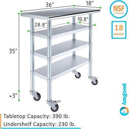 AmGood Stainless Steel Work Table with 3 Shelves and Casters | Kitchen Island Food Prep | Laundry Garage Utility Bench | NSF Certified (36" Long x 18" Deep)