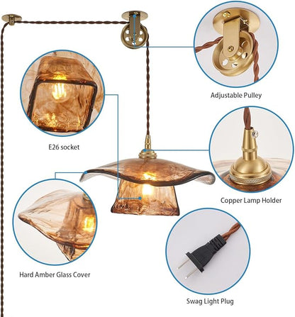 YLONG-ZS Hanging Lights with Plug in Cord,Hanging Lamp Plug in Gold Vintage Glass Pulley Brass Modern Pendant Lights for Kitchen Island,Dining Room, Living Room,Bedroom