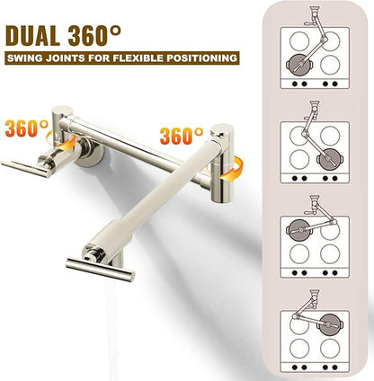 WOWOW Pot Filler Faucet Polished Nickel, Solid Brass Pot Filler Wall Mount Kitchen Stove Faucet with Double Joint Swing Arms