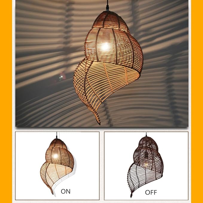 Retro Conch Pendant Lamp Hand Woven Ceiling Lighting Weave Bamboo Rattan E26 Hanging Light Fixture Retro Japanese Wicker Lamp Shade for Bedroom Restaurant Cafe Brown
