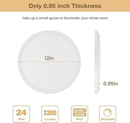 Super Slim 3200LM 12Inch LED Ceiling Lights Flush Mount, Dimmable 3000K 4500K 6000K CCT, Low Profile Surface Mount Light Fixtures, 24W Thin Flat LED Panel Lights for Bedroom Bathroom Kitchen, 2 Packs
