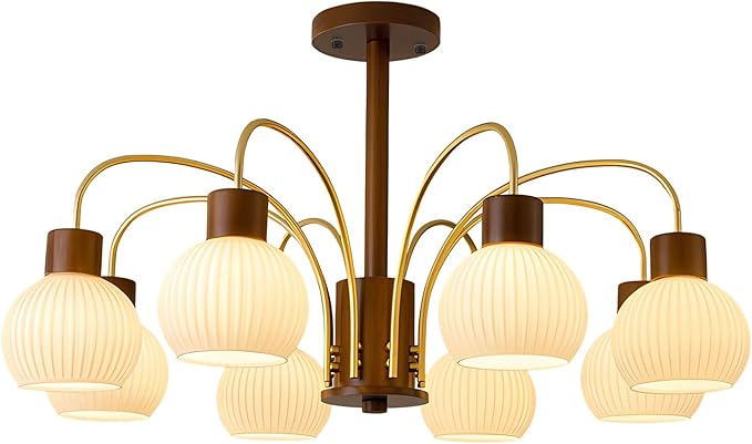 KCO Lighting Rustic Wood Sputnik Ceiling Light Fixture Ribbed Milk Glass Pendant Lights Kitchen Island 8 Lights Vintage Farmhouse Chandelier Lighting Modern White Gold Globe Chandelier
