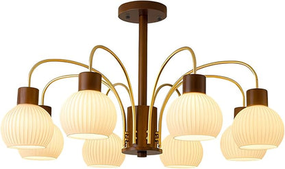 KCO Lighting Rustic Wood Sputnik Ceiling Light Fixture Ribbed Milk Glass Pendant Lights Kitchen Island 8 Lights Vintage Farmhouse Chandelier Lighting Modern White Gold Globe Chandelier