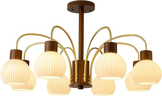 KCO Lighting Rustic Wood Sputnik Ceiling Light Fixture Ribbed Milk Glass Pendant Lights Kitchen Island 8 Lights Vintage Farmhouse Chandelier Lighting Modern White Gold Globe Chandelier