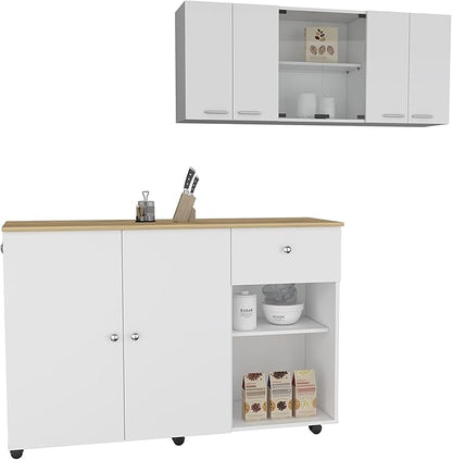 GOWE 2 Piece Kitchen Set, Kitchen Island Cart + 150 Wall Cabinet Glass, White/Light Oak