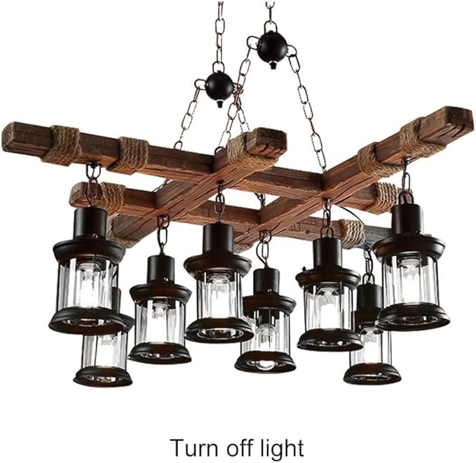 A Million 8 Lights Industrial Retro Wooden Chandelier Pendant Light Island Hanging Ceiling Fixture Vintage Farmhouse Wood Light Adjustable Chain for Home Cafe Bar Restaurant (39.4")
