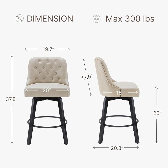 KISLOT Swivel Counter Height Bar Stools Set of 2, 26" Upholstered Faux Leather Barstools with Back,Thick Seat and Square Solid Wood Legs for Kitchen Island Home Bar, Beige
