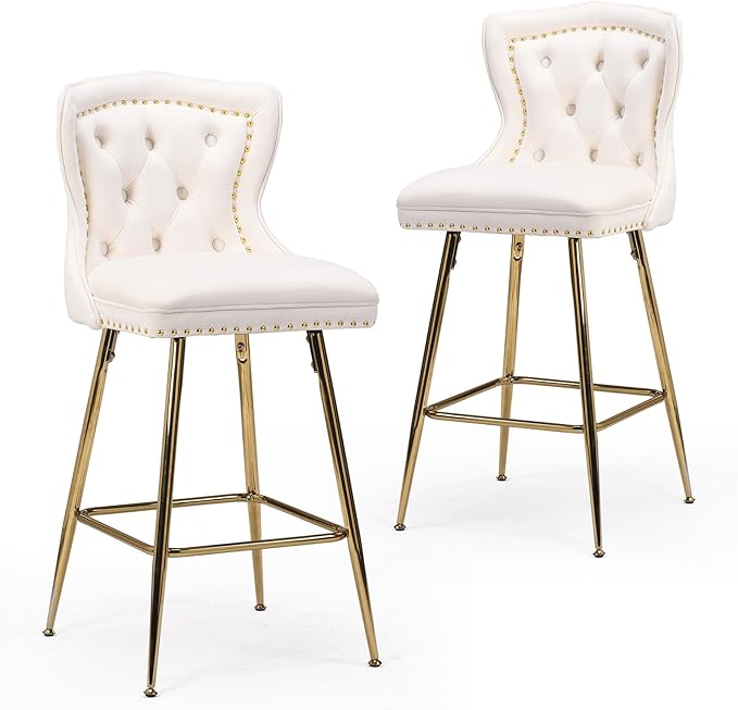 Bar Stools Set of 2, Velvet Counter Height Bar Stools with Metal Legs, Button Tufted and Nailheads Trim, Wing Back Bar Chairs for Kitchen Island Dining Room Pub, Beige GO62