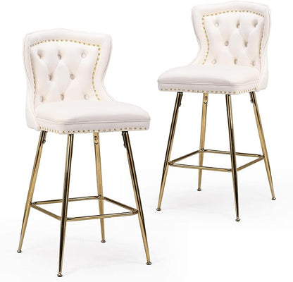 Bar Stools Set of 2, Velvet Counter Height Bar Stools with Metal Legs, Button Tufted and Nailheads Trim, Wing Back Bar Chairs for Kitchen Island Dining Room Pub, Beige