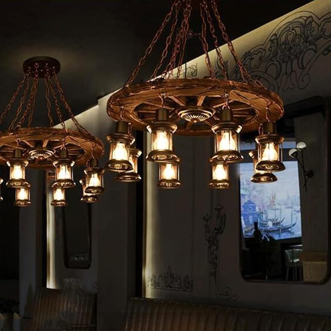 A Million Vintage Industrial Wood Chandelier with 8 Light Rudder Shape, Wood Grain Color, E26 Socket, Adjustable Hanging Chain Rustic Pendant Lighting