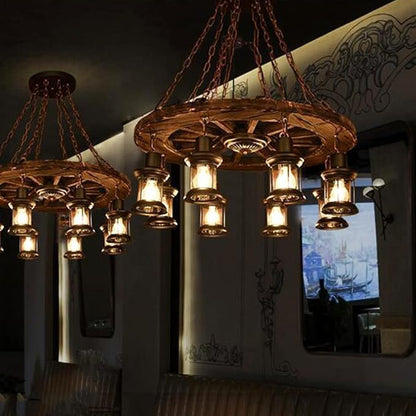 A Million Vintage Industrial Wood Chandelier with 8 Light Rudder Shape, Wood Grain Color, E26 Socket, Adjustable Hanging Chain Rustic Pendant Lighting