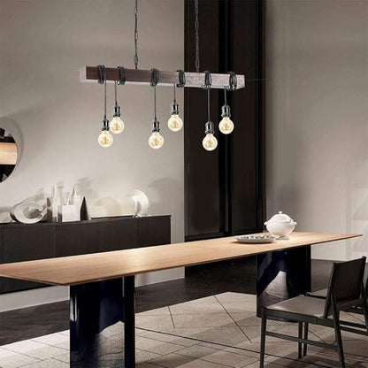 Eoyemin 6-Lights Kitchen Light Fixtures Farmhouse Wooden Retro Rustic Wood Pendant Light Industrial Suspension Line Can Be Adjusted Freely Chandelier for Dining Table Vintage Kitchen Bar Island