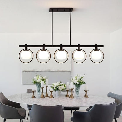 WJShome Dining Room Light Fixture/Chandelier Over Table, 5-Light Modern Kitchen Island Lighting Hanging for Farmhouse Linear Chandeliers Matte Black Ceiling Pendant Light Fixtures with Glass Shade