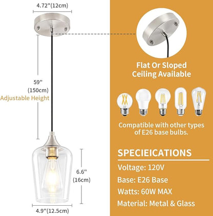 3 Pack Brushed Nickel Pendant Lights Kitchen Island, Modern Glass Pendant Lighting Over Island, Kitchen Hanging Light Fixtures Over Sink Adjustable Mini Pendant Lights for Bathroom Dining Room Hallway