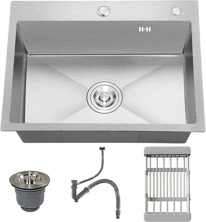 24-inch Single Bowl Kitchen Sink, Drop-in/Top-Mount Stainless Steel with Nano Coating, Includes Drain Kit & Fruit Basket, 24"x18"x8"