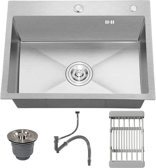 24-inch Single Bowl Kitchen Sink, Drop-in/Top-Mount Stainless Steel with Nano Coating, Includes Drain Kit & Fruit Basket, 24"x18"x8"