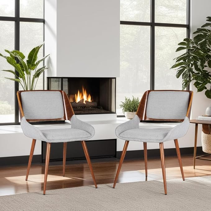 Armen Living Panda Mid-Century Dining Chair Walnut Finish and Gray Fabric