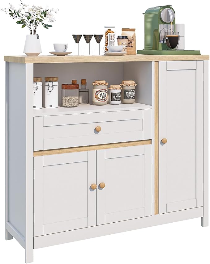Viaozutis Storage Cabinet with Doors and Drawers,Kitchen Storage Cabinets，with Drawer and Adjustable Shelf（White）
