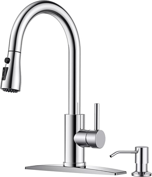 FORIOUS Kitchen Faucets with Soap Dispenser and Pull Down Sprayer, Chrome, Bar High Arc Single Handle Classic 3 Modes Stainless Steel Faucet for Kitchen Sink Farmhouse RV Laundry Camper
