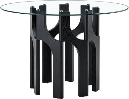 Glass Round Dining Table for 4 6 Person, 46 Inch Glass Kitchen Dining Room Table with Wooden Black Pedestal Base,Modern Circle Clear Glass Top Dinner Table for Small Spaces Home/Apartment
