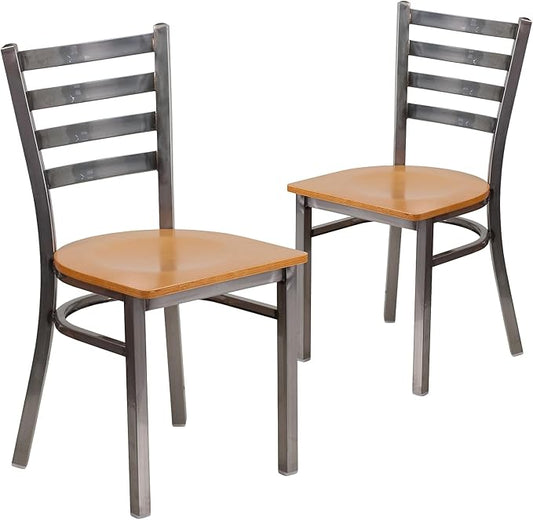 Flash Furniture 2 Pack HERCULES Series Clear Coated Ladder Back Metal Restaurant Chair - Natural Wood Seat