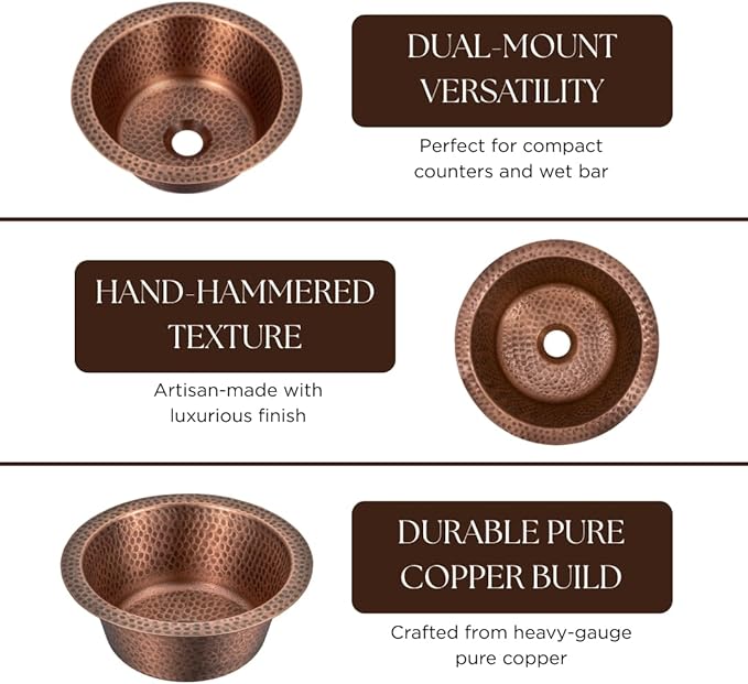 Monarch Abode Kitchen & Bar Sink – 12-inch Essex Dual Mount Drop in Bar Prep Sink, Hand Hammered Pure Copper Sinks, Drop in or Undermount Kitchen Sinks, Single Circular Dual Mount Bowl