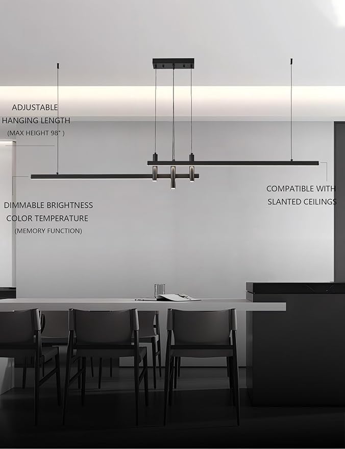 83" Modern Black Linear Pendant Lights Kitchen Island Lighting Minimalist Led Chandeliers Pool Table Light Dimmable Ceiling Hanging Light Fixture Dining Room with Remote Control