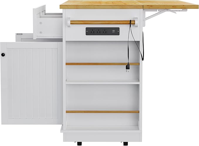 Ball & Cast 48" Large Kitchen Island with Power Outlet and Adjustable Shelf,Rolling Kitchen Cart on 5 Wheels W/Drop Leaf & 5 Open Side Racks,Kitchen Storage Cart for Dining Room,White,48"