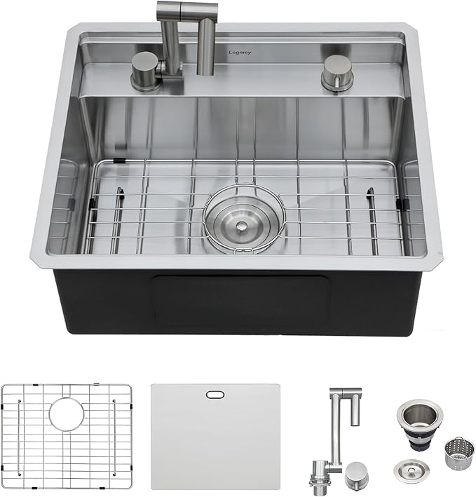 Logmey 21x18 Inch Outdoor Kitchen Sink Undermount Stainless Steel Single Bowl 16-Gauge Undermount Bar Sink with Foldable Faucet Combo Cover