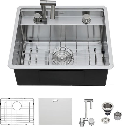 Logmey 21x18 Inch Outdoor Kitchen Sink Undermount Stainless Steel Single Bowl 16-Gauge Undermount Bar Sink with Foldable Faucet Combo Cover