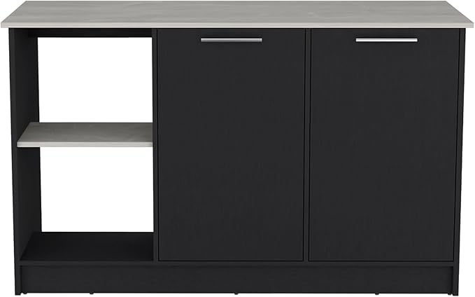 GOWE Juniper Kitchen Island with Large Top Surface, Double Door Cabinet, and Open Shelves Black/Ibiza Marble