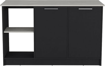 GOWE Juniper Kitchen Island with Large Top Surface, Double Door Cabinet, and Open Shelves Black/Ibiza Marble
