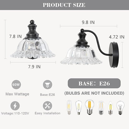Vintage Wall Sconce Light, Matte Black Bathroom Sconces Wall Lighting, Antique Wall Light Fixture with Clear Flower Glass Shades, Indoor Wall Sconces for Living Room Bedroom, 1-Light Wall Lamp