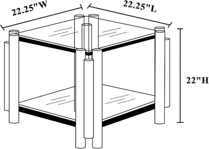 20" Square End Table, Modern Stainless Steel End Table, Double-Layer Clear Tempered Glass with Storage, for Living Room Home Office, Gold