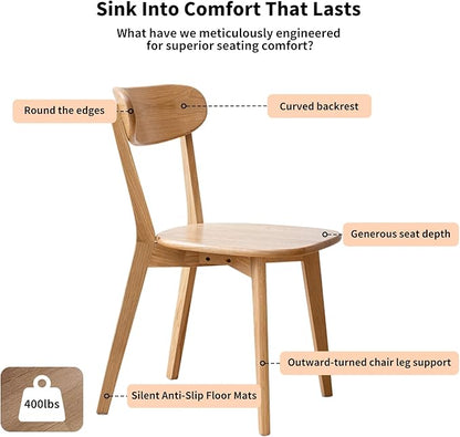 Wood Dining Chairs Set of 6 | Heavy Duty 400 lbs Commercial Grade | Natural Red Oak Finish | Mid Century Modern Curved Back Solid Wooden Chairs for Home Kitchen Restaurant | Easy Assembly