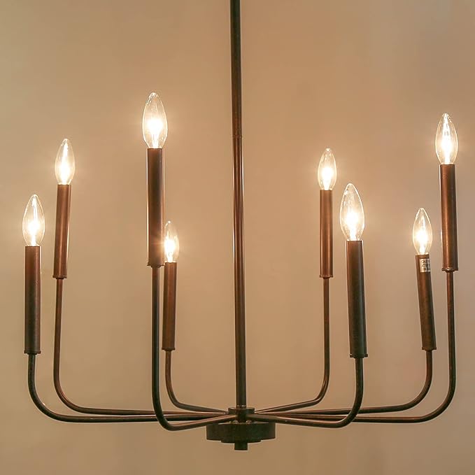 LALUZ Chandelier, Dining Room Lighting Fixtures Hanging, Chandelier Light Fixture with Dark Brown Speckled Finish, 26” Dia, Dimmable