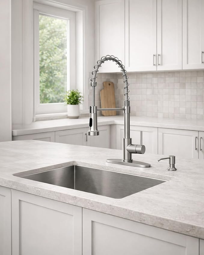 LUFEIDRA Kitchen Faucet with Pull Down Sprayer and Soap Dispenser, High Arc Spring 304 Stainless Steel Single Handle 1 or 3 Hole 2 Mode for Farmhouse RV Camper Laundry Wet Bar (Brushed Nickel)