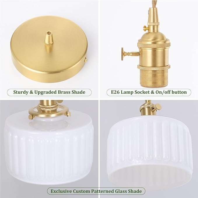 Shenmoyl Pendant Light 2 Pack with White Striped Glass Lmapshade, Brass Vintage Pendant Light Adjustable Hanging Light for Kitchen Island Dining Room Hallway