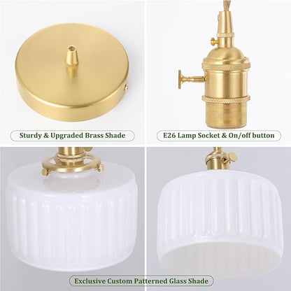Shenmoyl Pendant Light 2 Pack with White Striped Glass Lmapshade, Brass Vintage Pendant Light Adjustable Hanging Light for Kitchen Island Dining Room Hallway