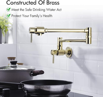 BAGNOLUX Pot Filler, Wall Mount Commercial Pot Filler Faucet Over Stove, Copper Material Brass Kitchen Faucet Folding with Stretchable Double Joint Swing Arm 23.4 inch, Polished Gold-PVD