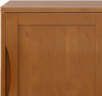 SIMPLIHOME Harper Storage Cabinet - 30 inch Wide Solid Hardwood 2-Shelf Low Console Cabinet in Teak Brown, Mid-Century Modern Cupboard for Living Room with Sliding Doors and Adjustable Shelves